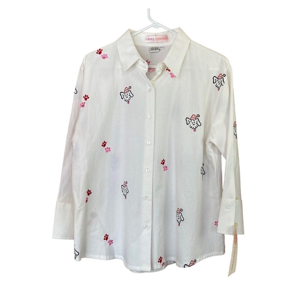 Casey Coleman Women's Blouse L Jolly Dogs Christmas Embroidered Whimsy Artsy